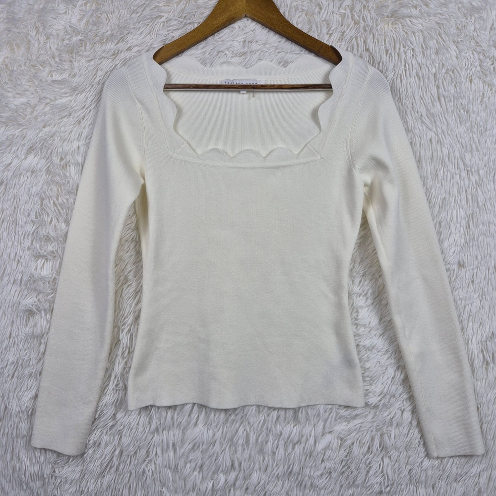 Endless Rose Scalloped Square Neck Rib Knit Top Cream White Long Sleeve Small